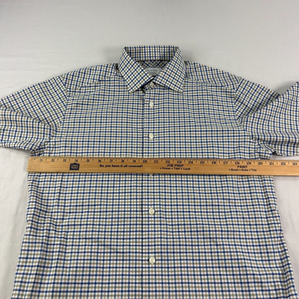 Eton Shirt Mens Medium Plaid Contemporary Button Up Cotton Linen Blend - Picture 4 of 9